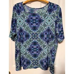 East 5th Woman 3X Teal Blue Purple Medallion Print Short‎ Sleeve Top Shirt